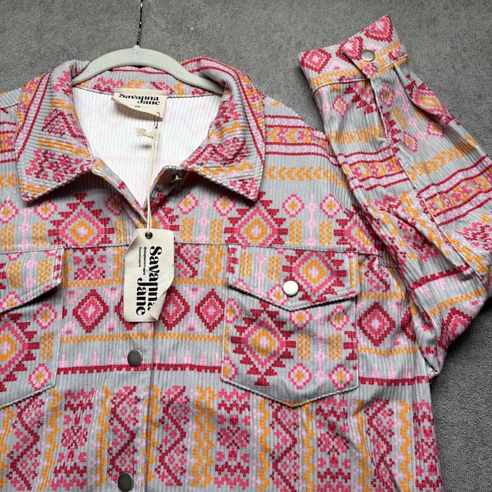 Aztec Print Corduroy Shacket Jacket Boho Western Overshirt Womens 2X